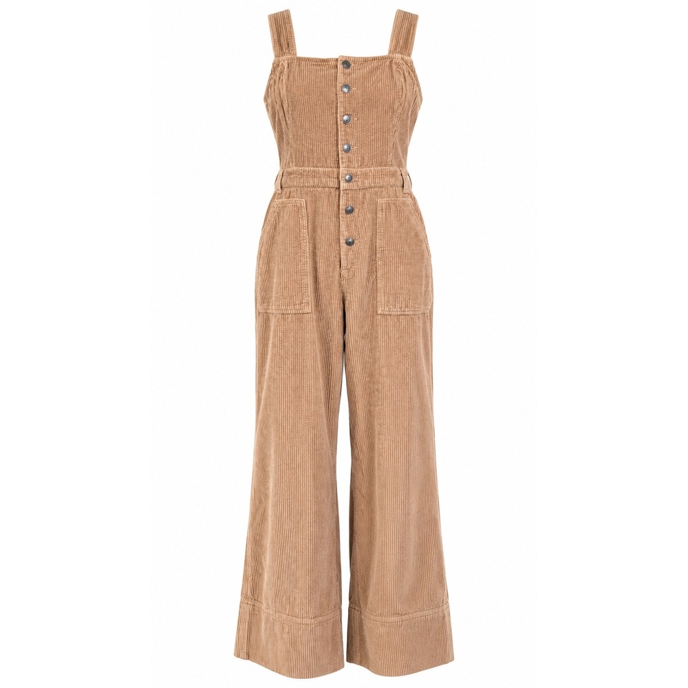 Aerie Corduroy Button Front Wide Leg Jumpsuit Womens Large Tan